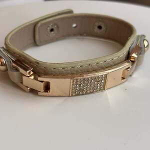 Gold Tone and Cream Leather Rhinestone Bracelet